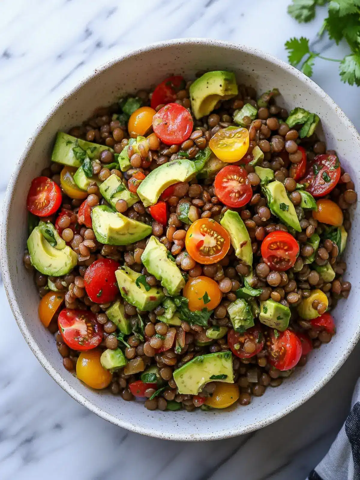 Lentil Salad with Avocado, Cherry Tomato, and Lime Cilantro Vinaigrette