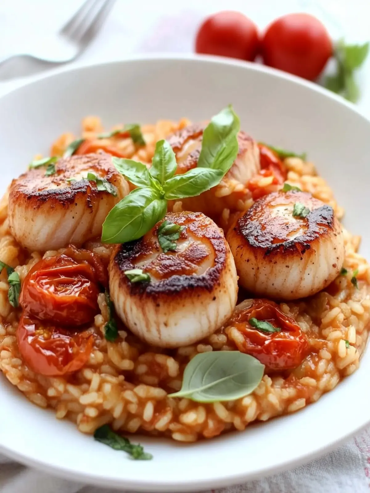 Prosciutto Wrapped Scallops with Roasted Tomato Risotto