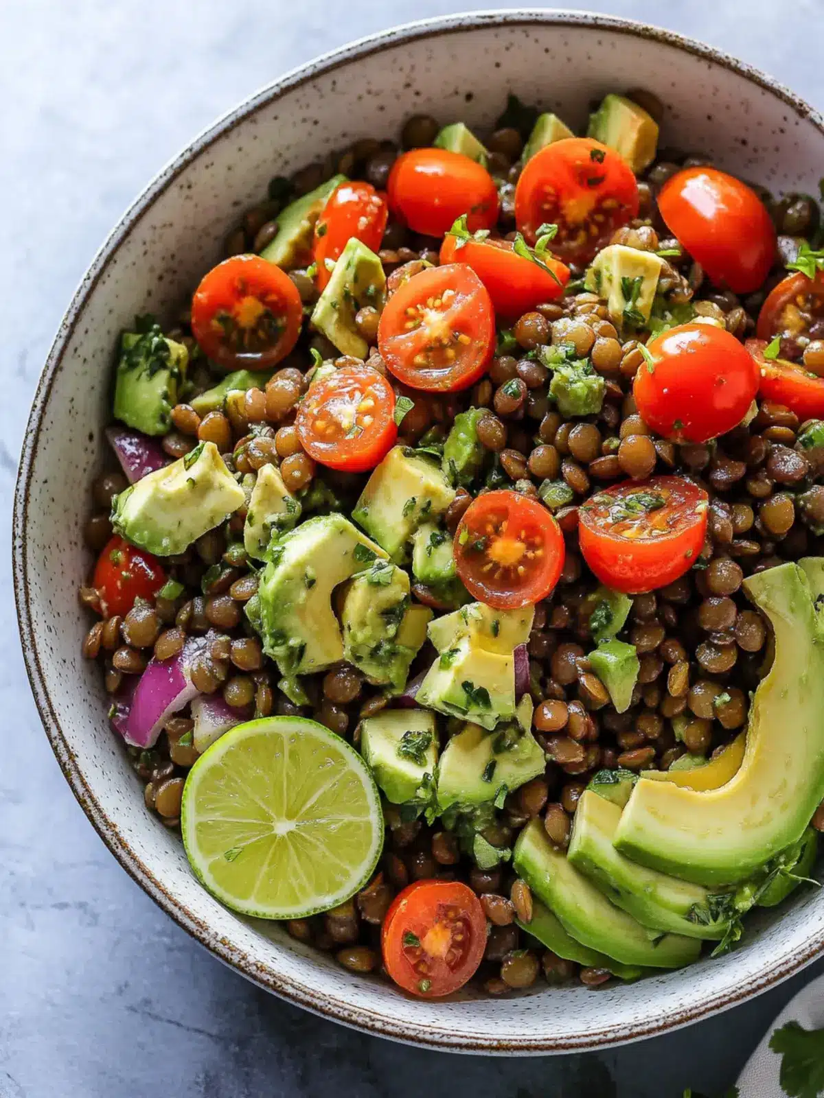 Lentil Salad with Avocado, Cherry Tomato, and Lime Cilantro Vinaigrette