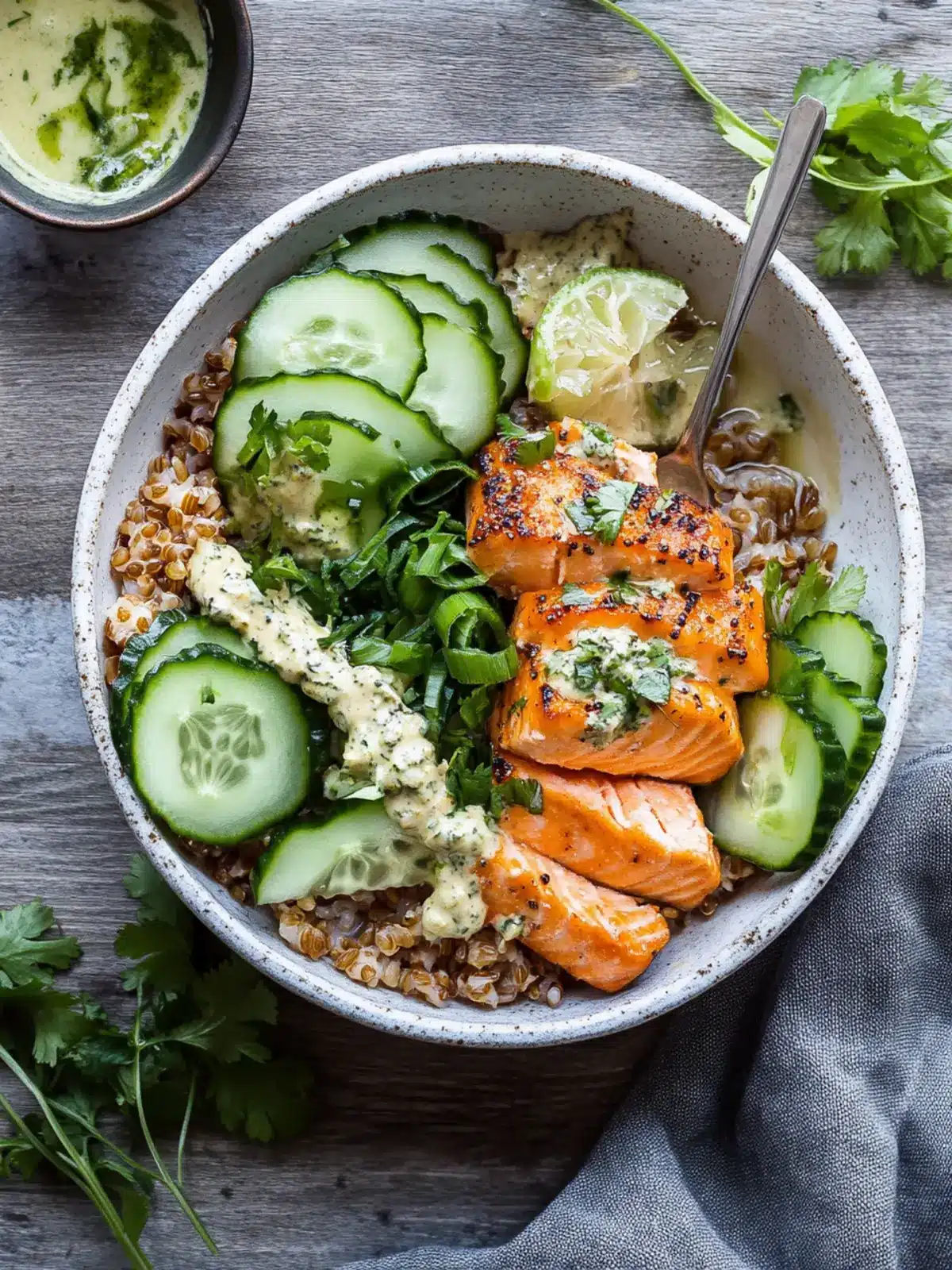 Crunchy Brown Rice Bowls with Salmon and Herbed Tahini