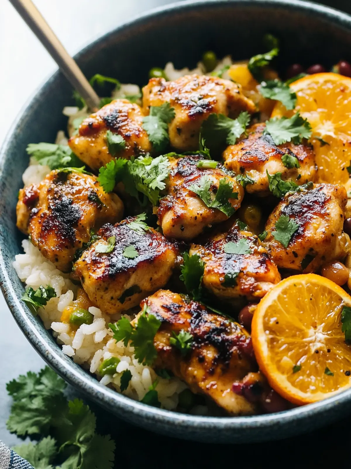Cilantro Orange Chicken with Rice and Beans