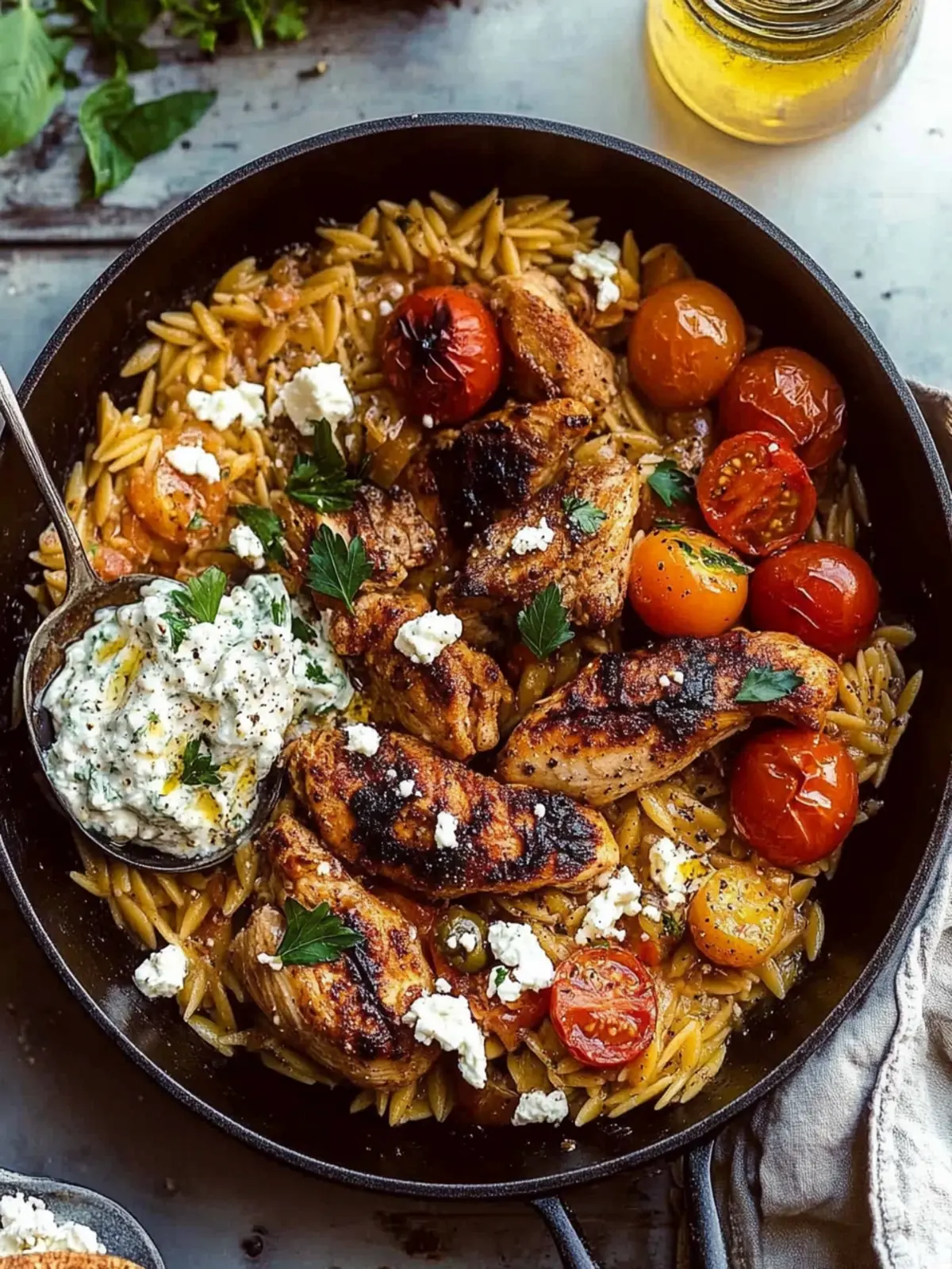 One Skillet Greek Chicken and Orzo with Tomatoes, Feta, and Tzatziki