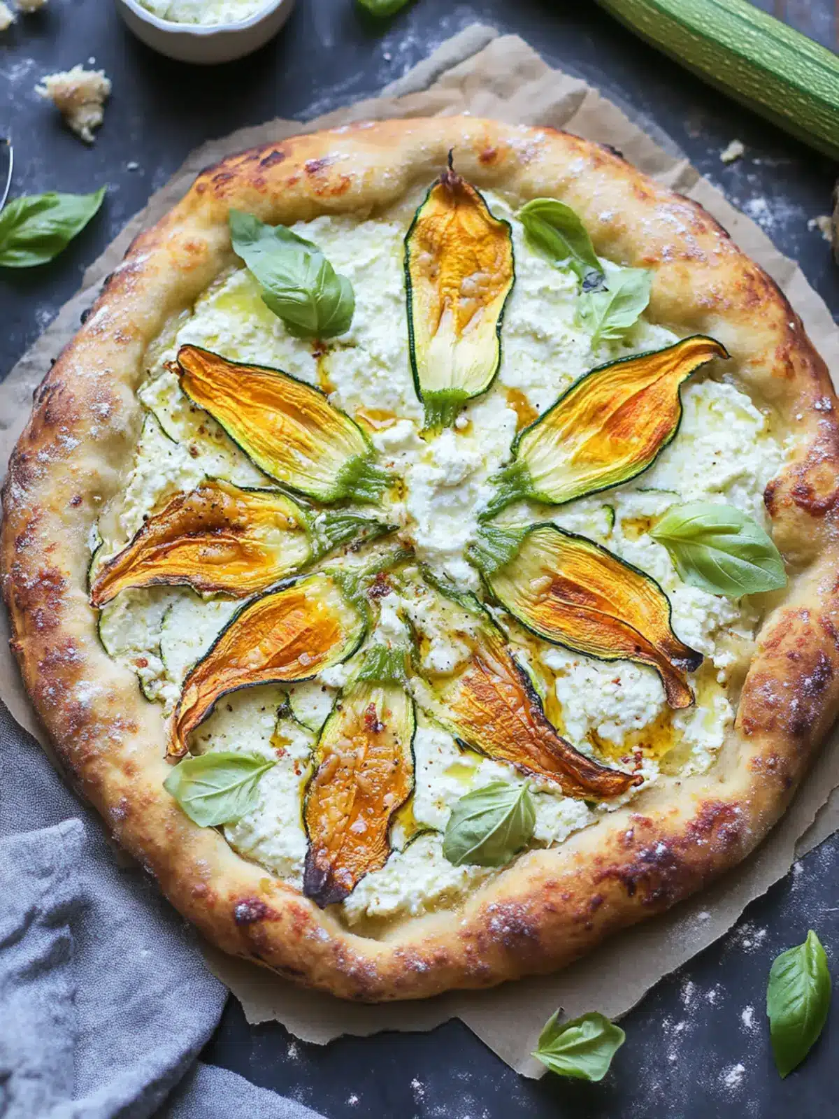 Zucchini Flower Pizza with Brown Butter Ricotta