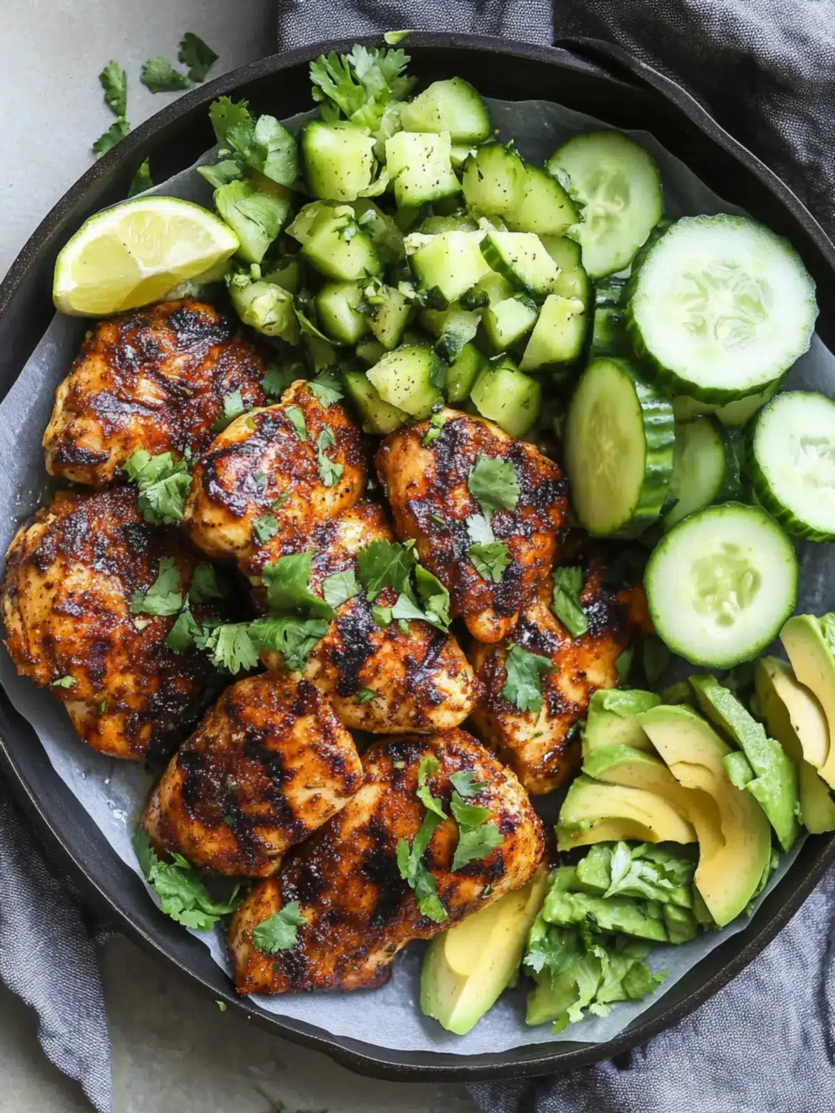 Blackened Grilled Chicken Thighs with Avocado Cucumber Salad