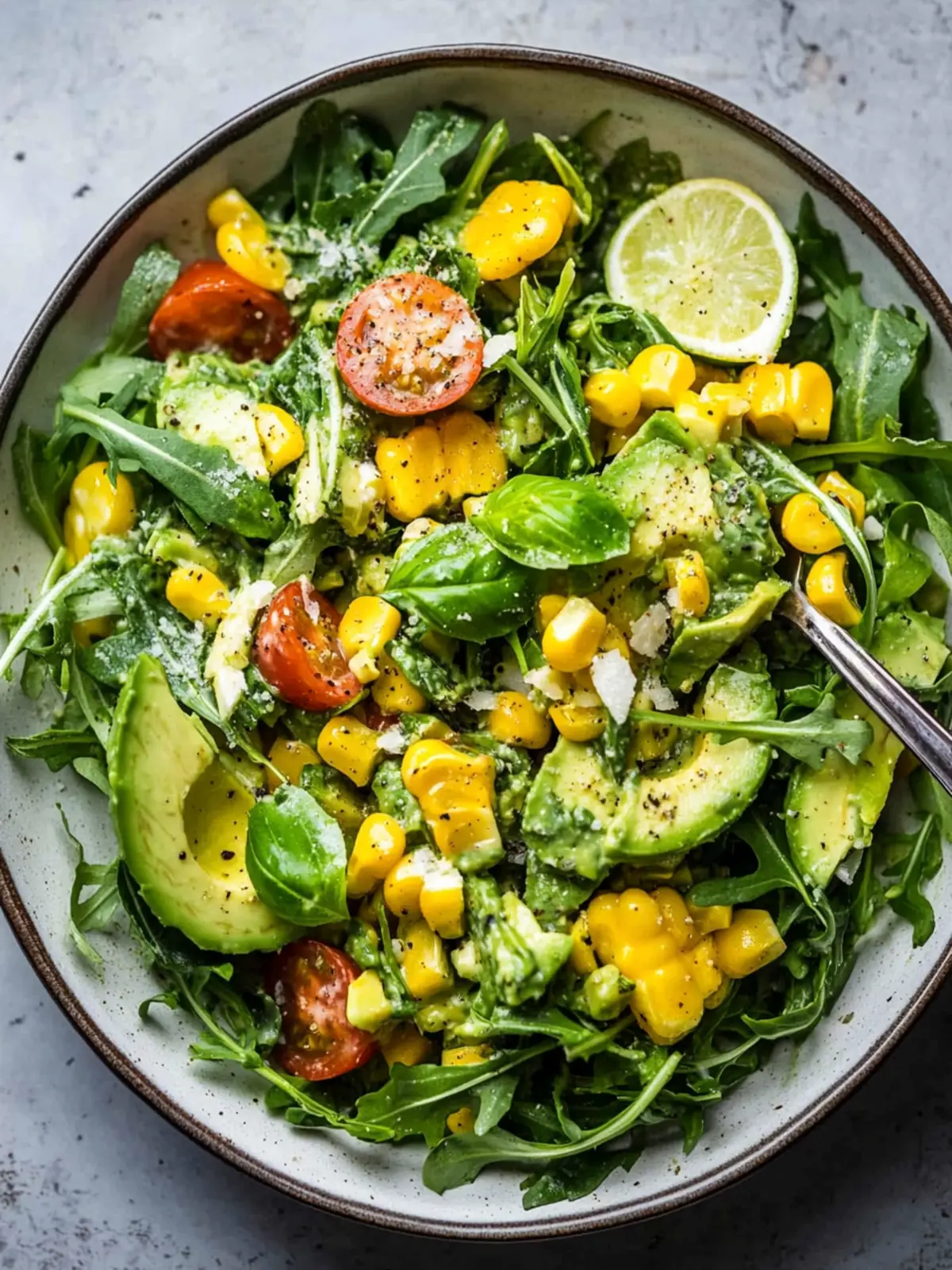 Corn Avocado Arugula Salad with Basil Vinaigrette