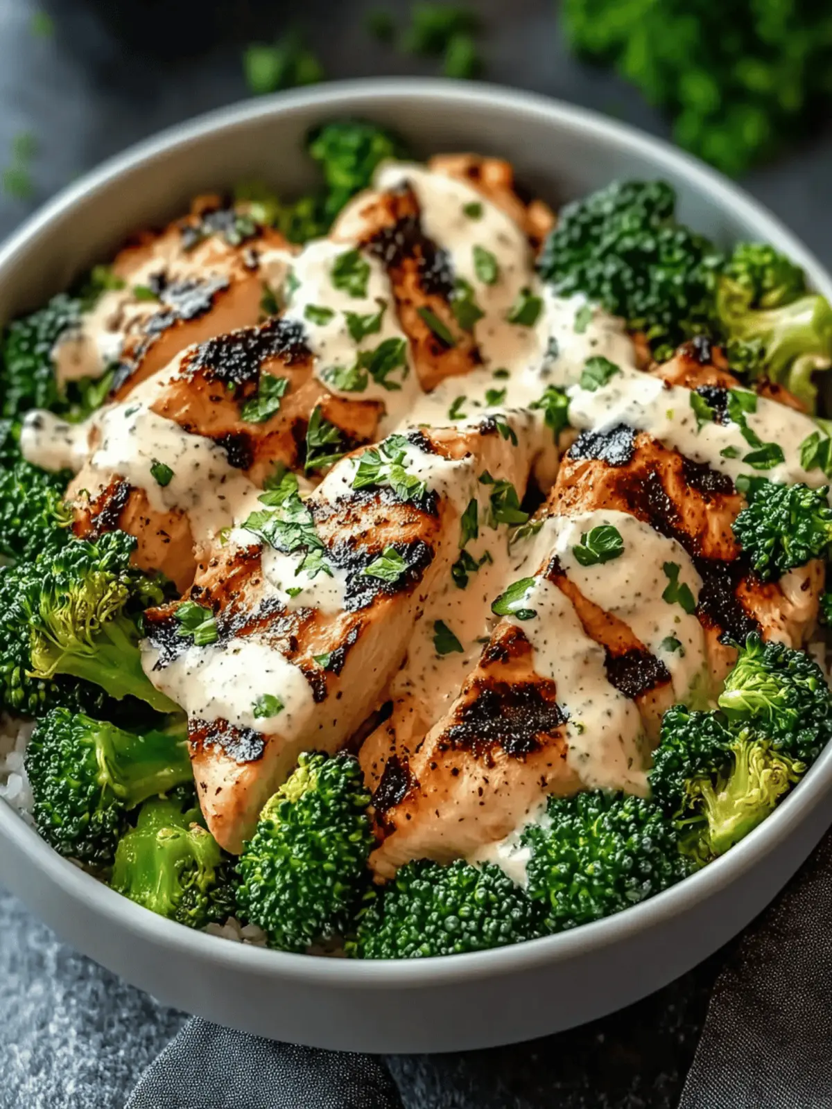 Grilled Chicken & Broccoli Bowls with Creamy Garlic Sauce