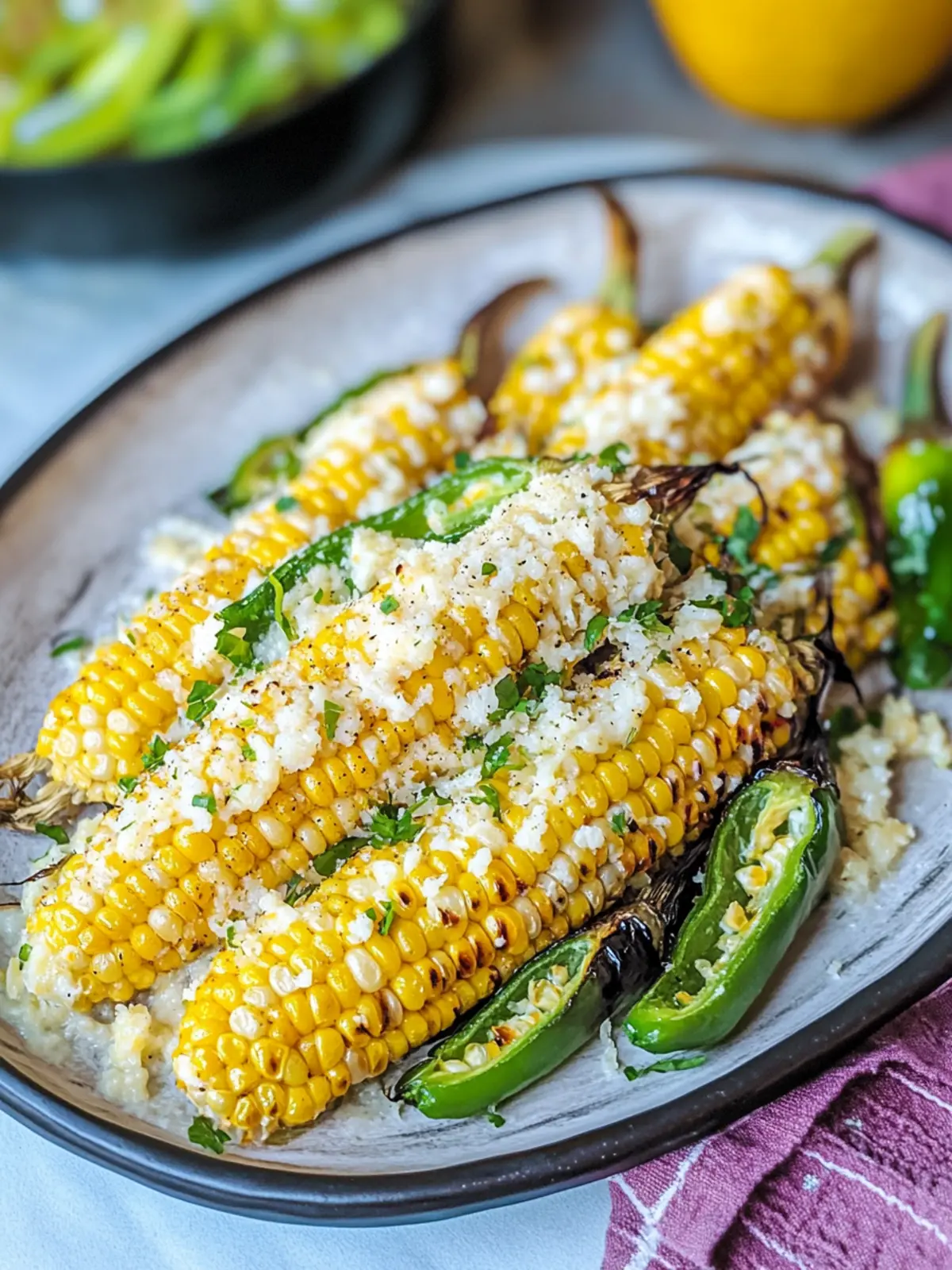 Creamy Parmesan Lime Corn with Shishito Peppers