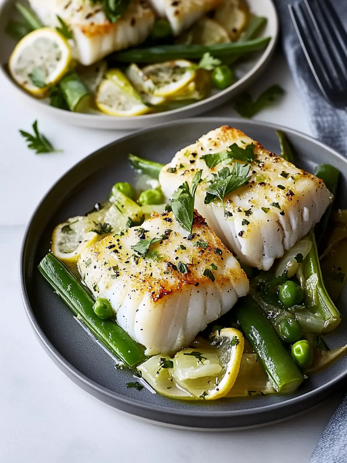Cod with Lemony Leeks, Snap Peas, and Herbs
