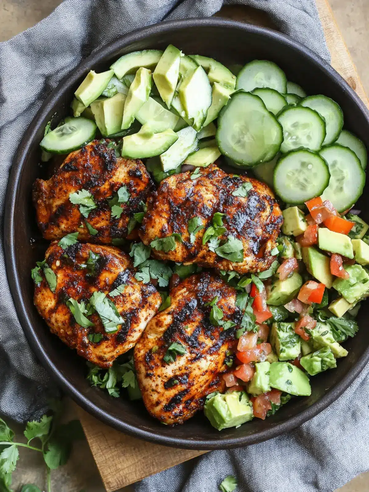 Blackened Grilled Chicken Thighs with Avocado Cucumber Salad