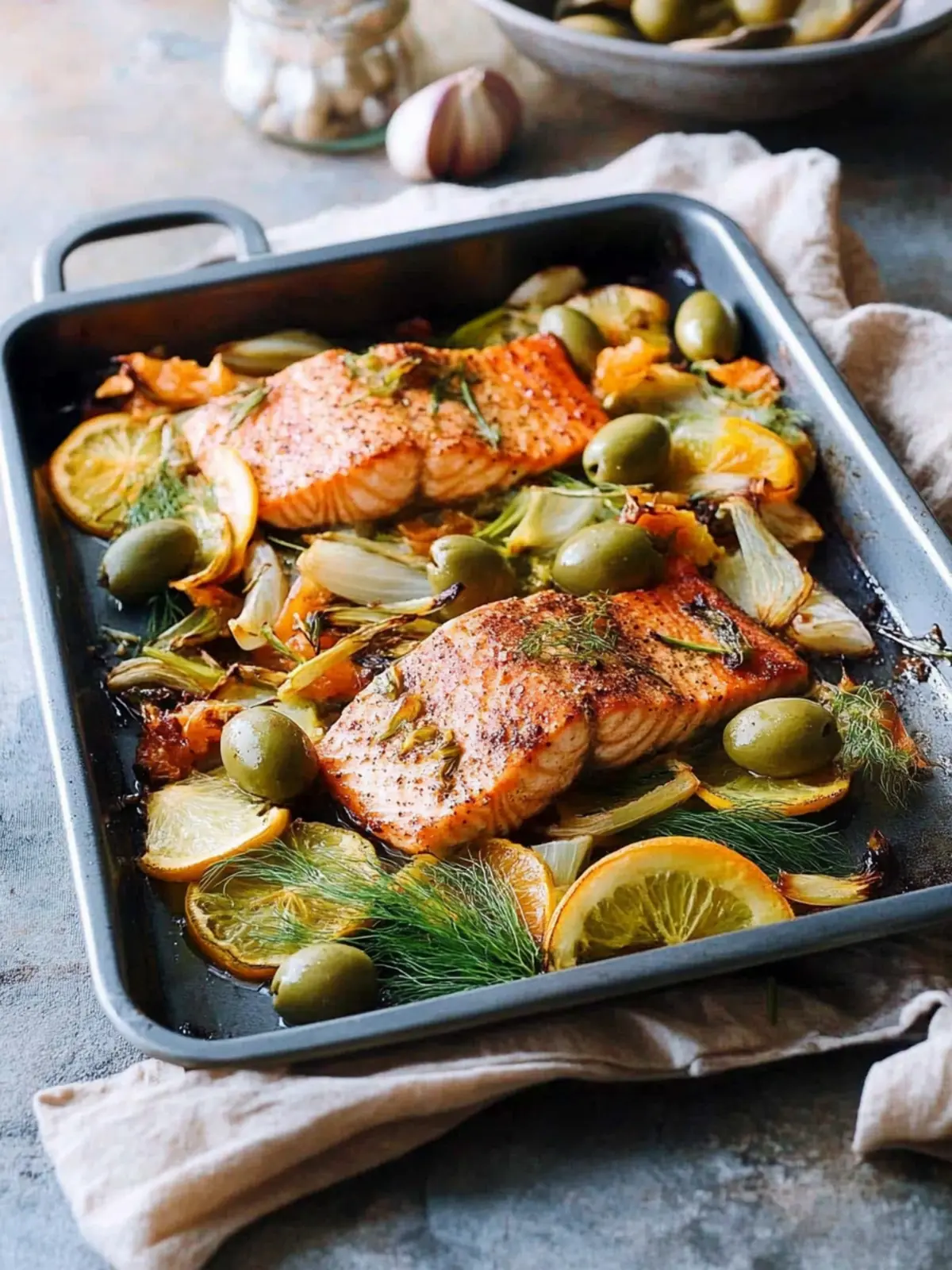 Spice Roasted Salmon with Fennel, Green Olives and Orange