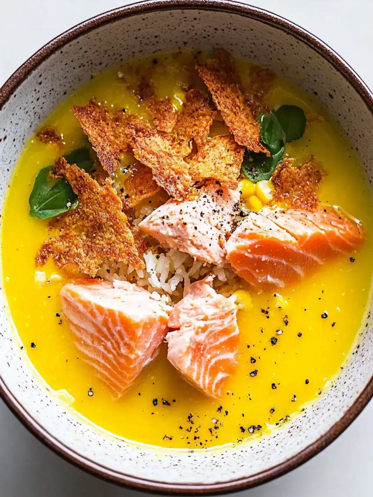 Corn Gazpacho with Salmon & Crispy Rice