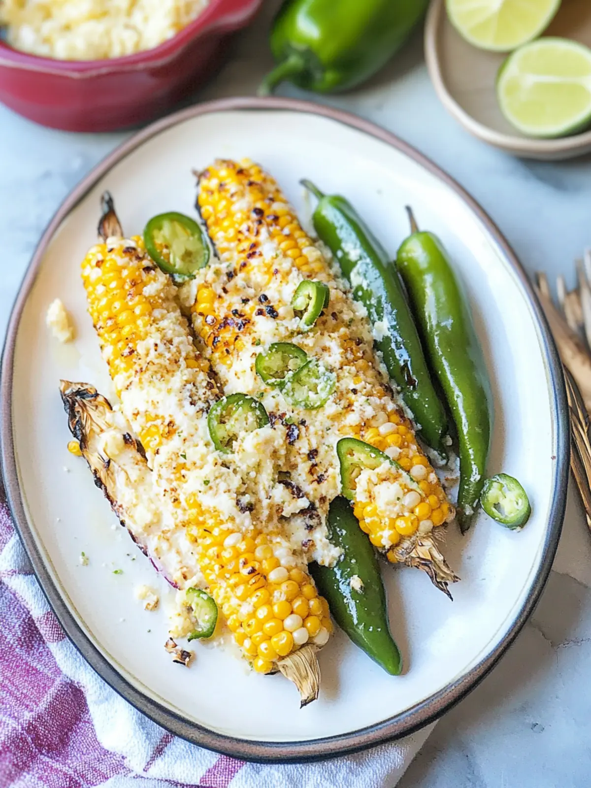 Creamy Parmesan Lime Corn with Shishito Peppers