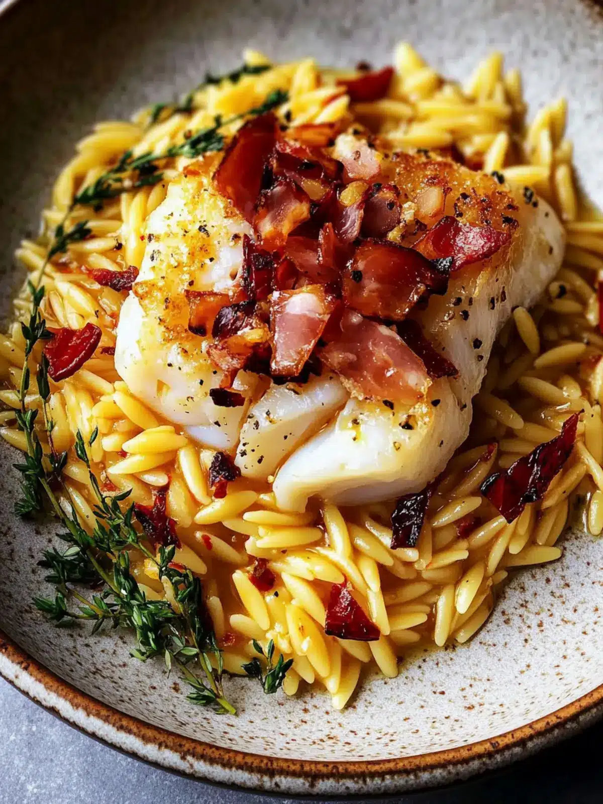 Saffron Cod and Orzo with Guanciale Chili Oil