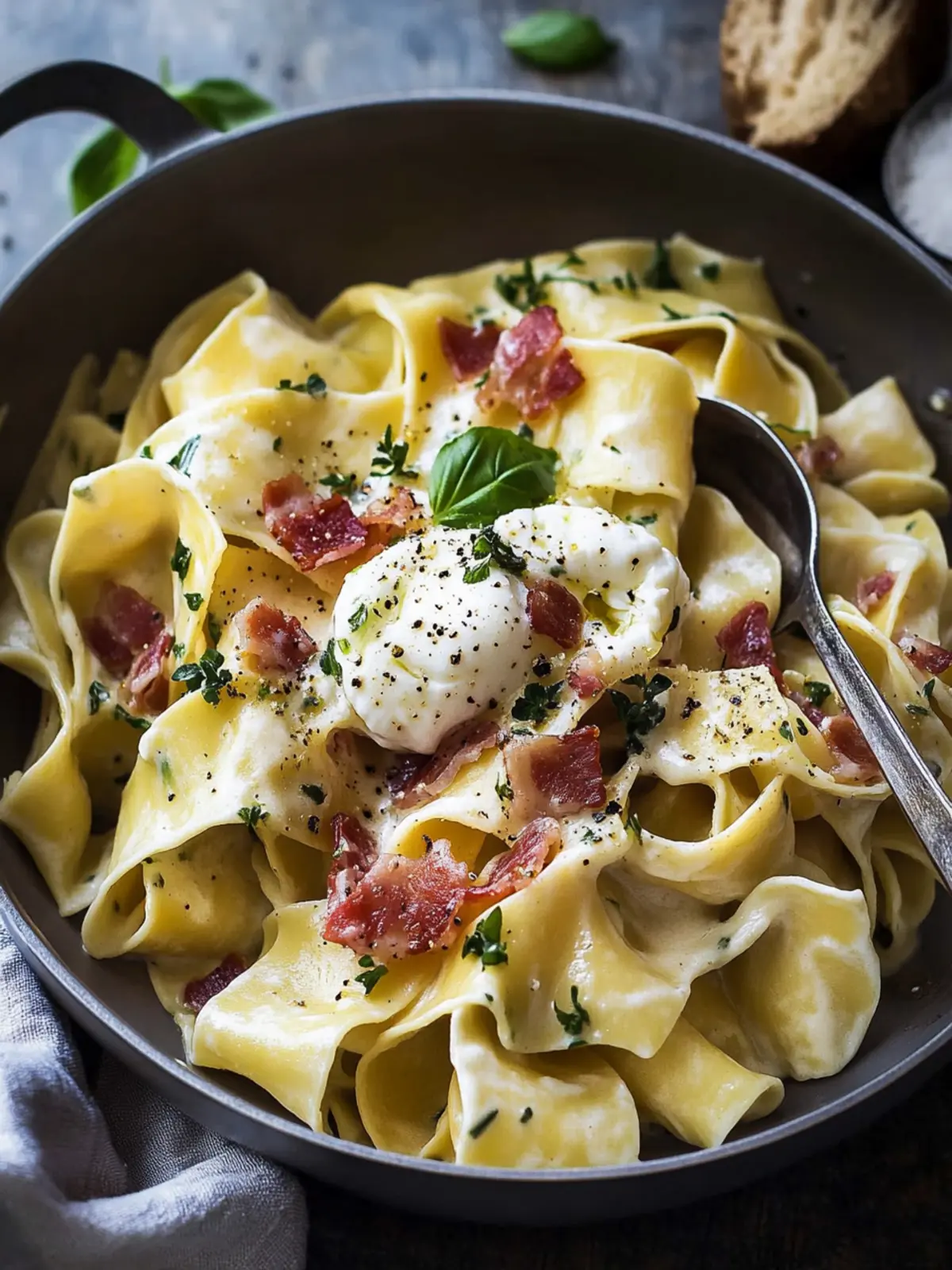Creamy Pappardelle Pasta with Pancetta and Burrata Bliss 2 Pappardelle Pasta with Pancetta and Burrata