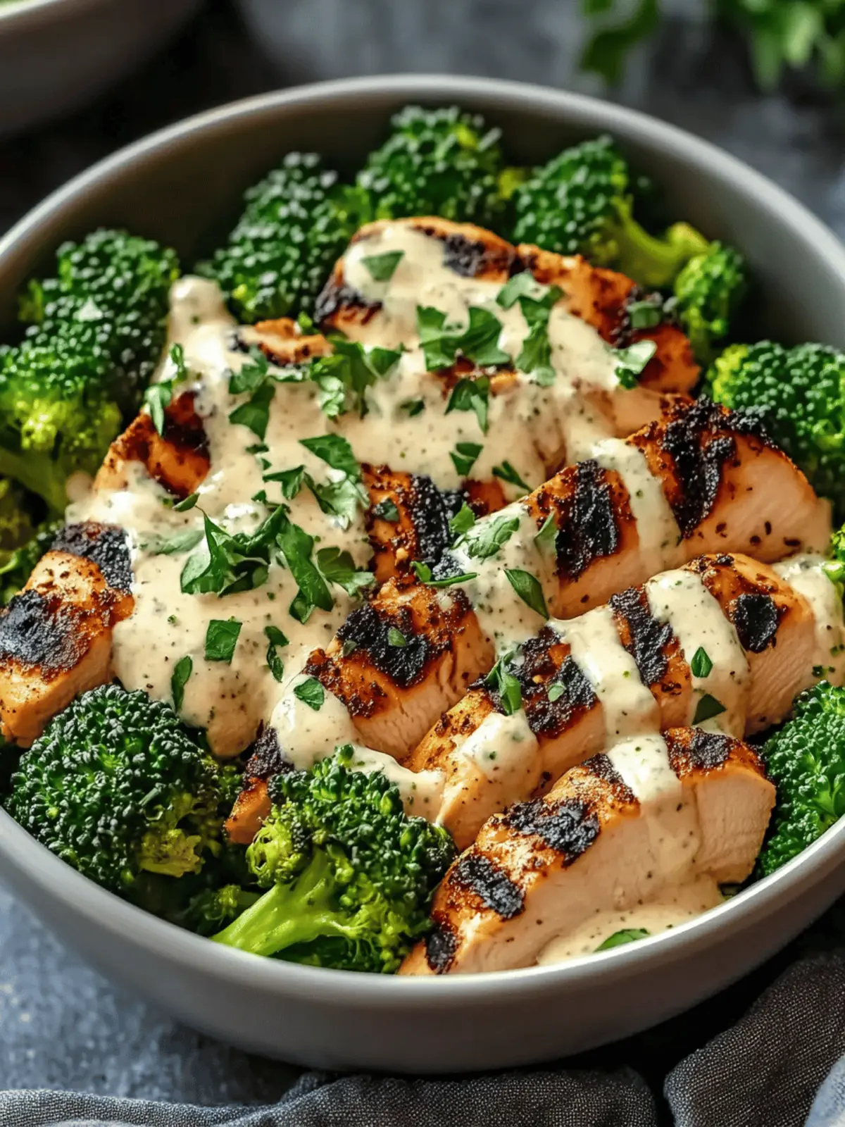 Grilled Chicken & Broccoli Bowls with Creamy Garlic Sauce