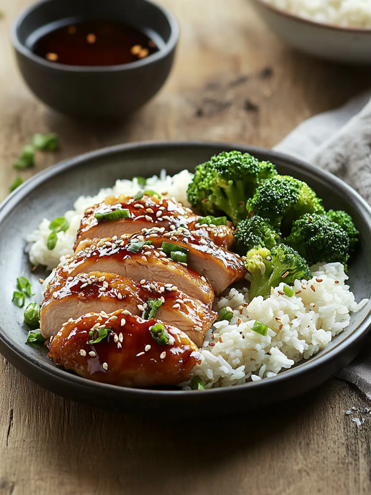 Sticky Teriyaki Chicken Thighs with Rice and Broccoli