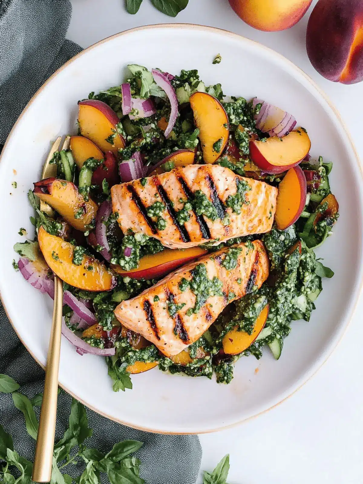 Summer Salmon Salad with Grilled Peaches and Chimichurri