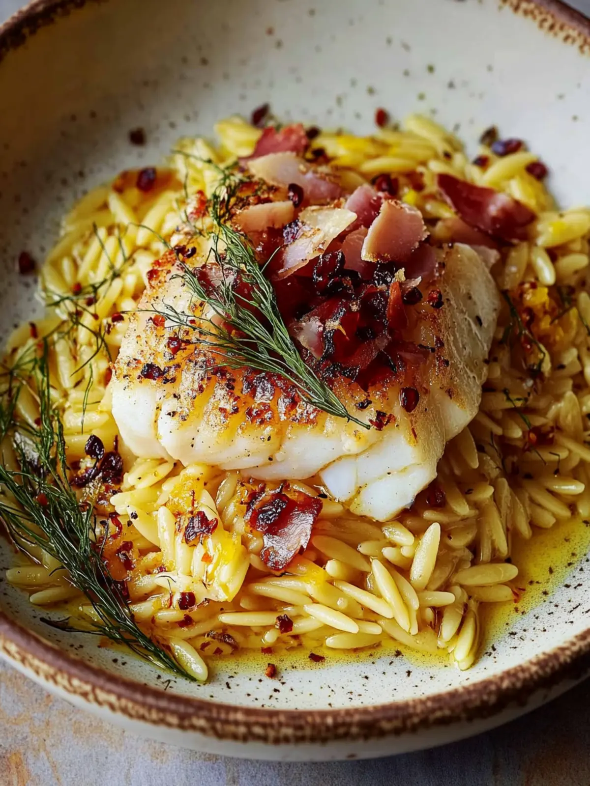 Saffron Cod and Orzo with Guanciale Chili Oil