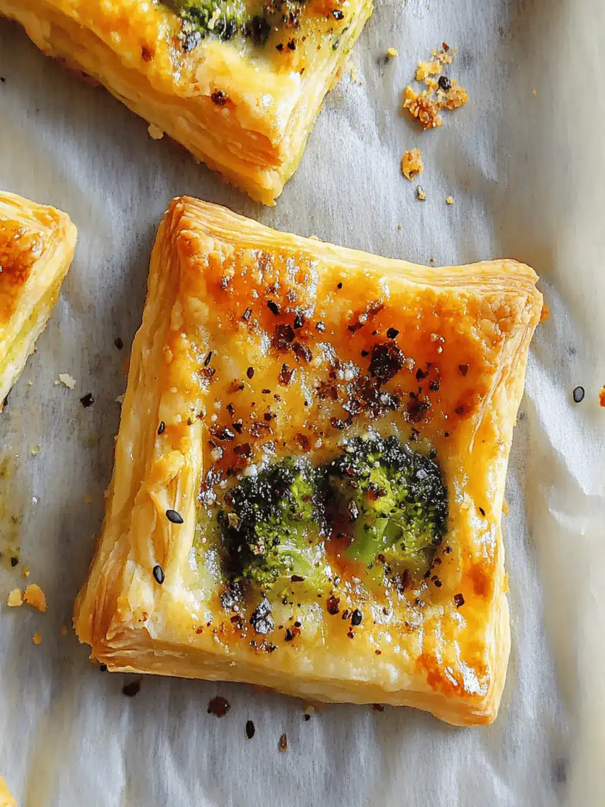 Upside Down Puff Pastry Squares with Broccoli & Cheddar