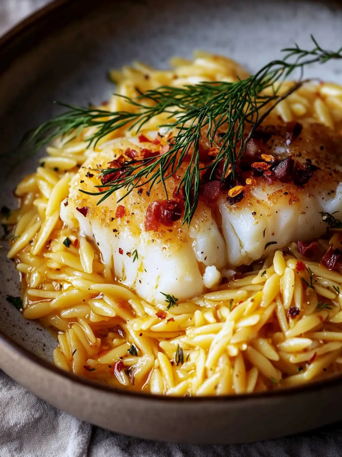 Saffron Cod and Orzo with Guanciale Chili Oil