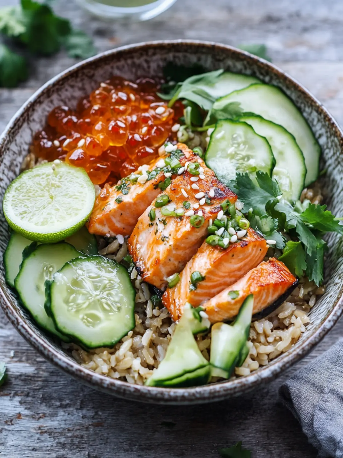 Crunchy Brown Rice Bowls with Salmon and Herbed Tahini