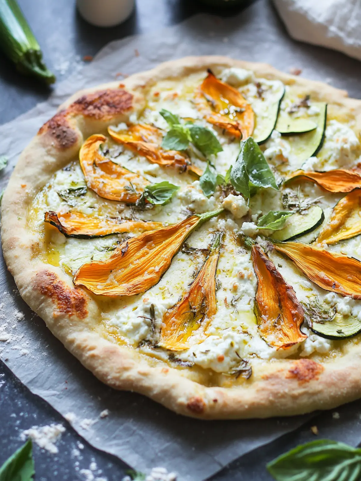Zucchini Flower Pizza with Brown Butter Ricotta
