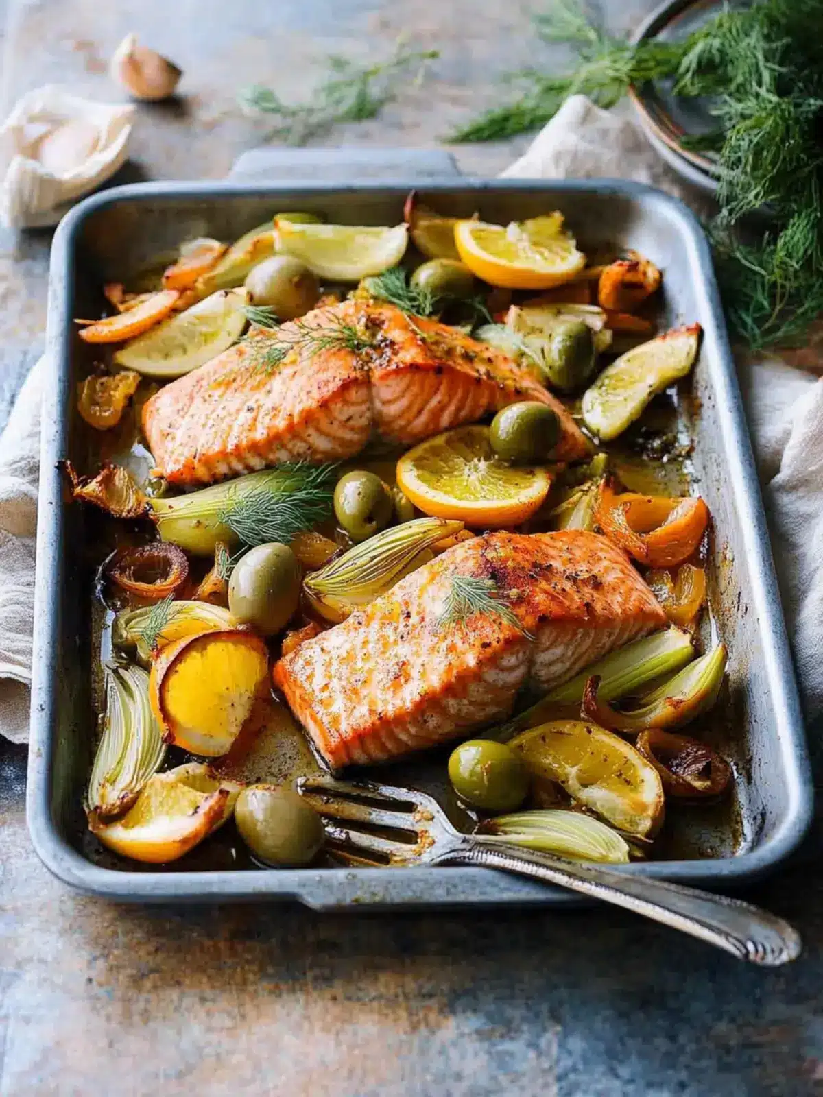 Spice Roasted Salmon with Fennel, Green Olives and Orange