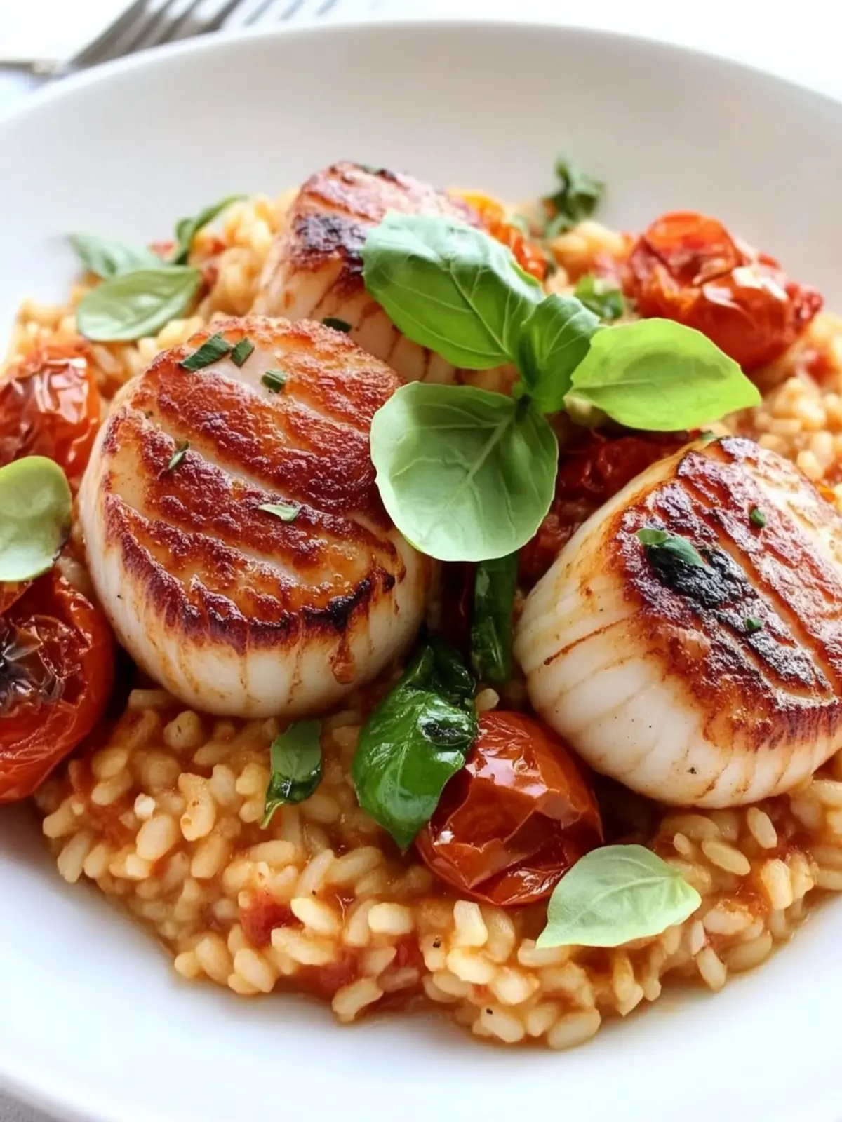 Prosciutto Wrapped Scallops with Roasted Tomato Risotto