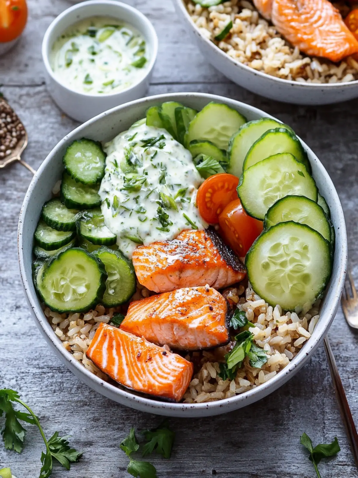 Crunchy Brown Rice Bowls with Salmon and Herbed Tahini