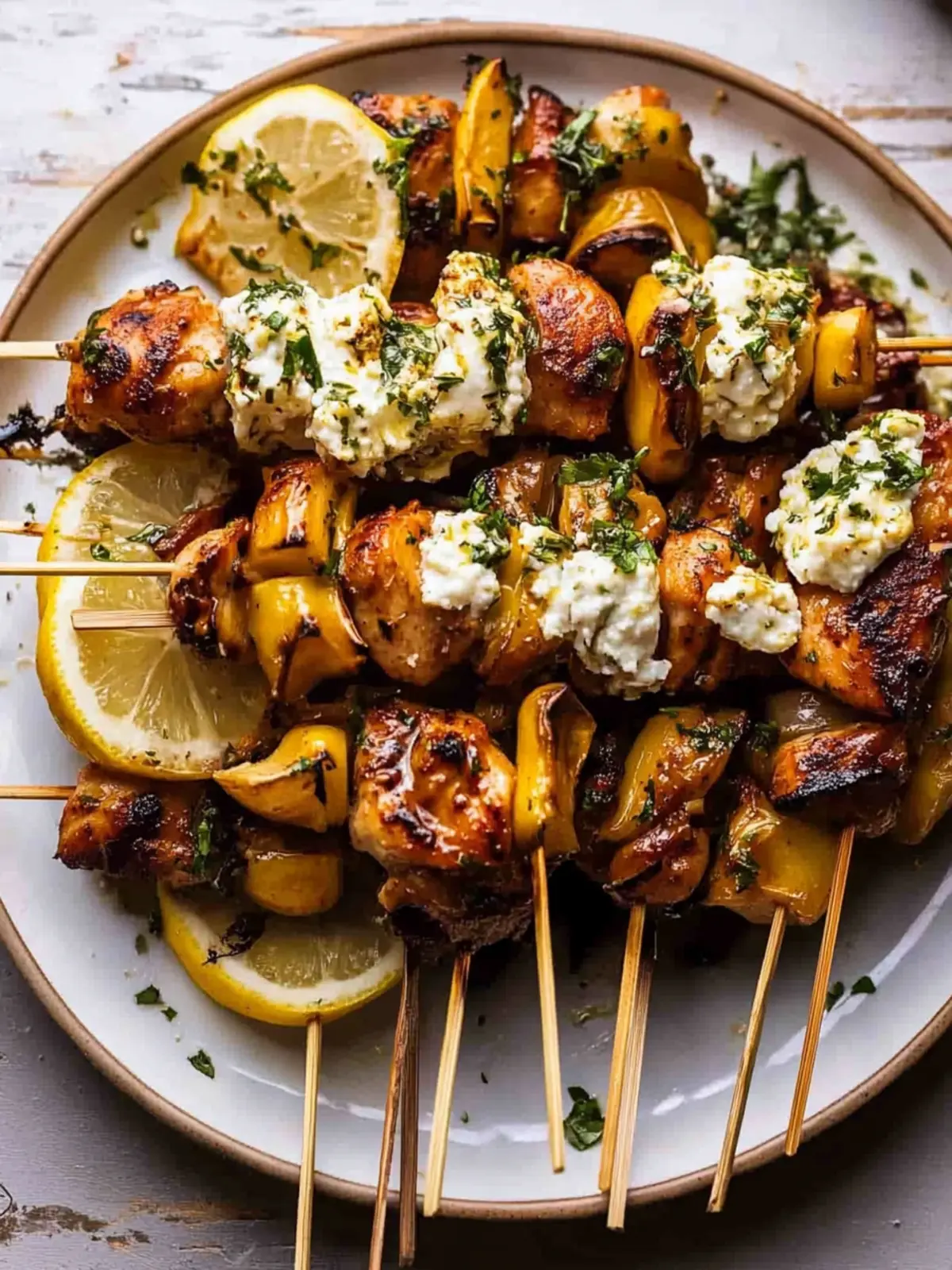 Lemon Chicken Skewers with Creamy Feta Sauce