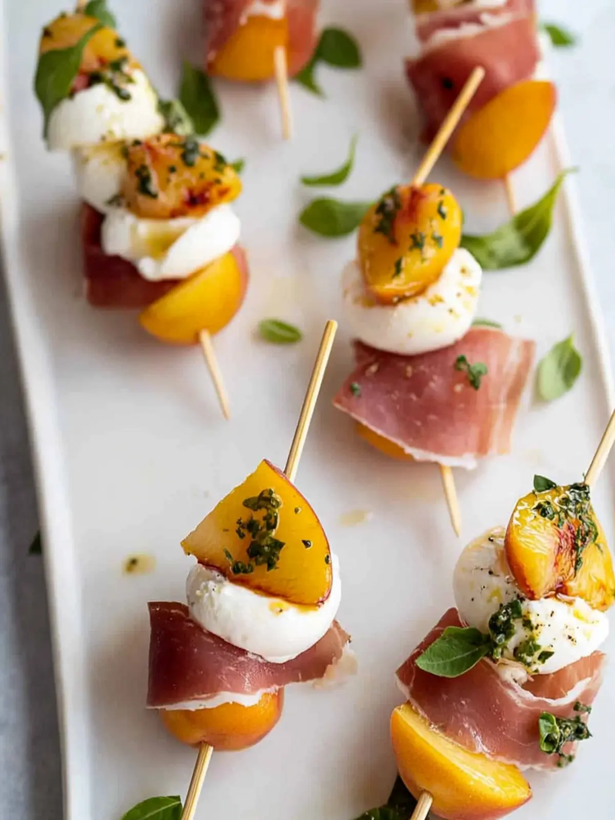 Mozzarella, Prosciutto, and Pickled Peach Appetizer Skewers