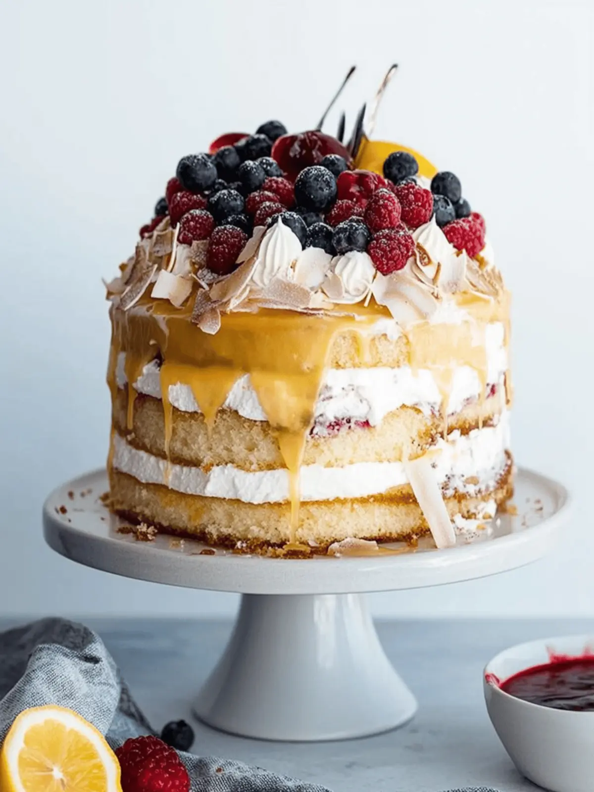 Lemon, Coconut & Berry Layer Cake with Lemon Curd and Torched Meringue