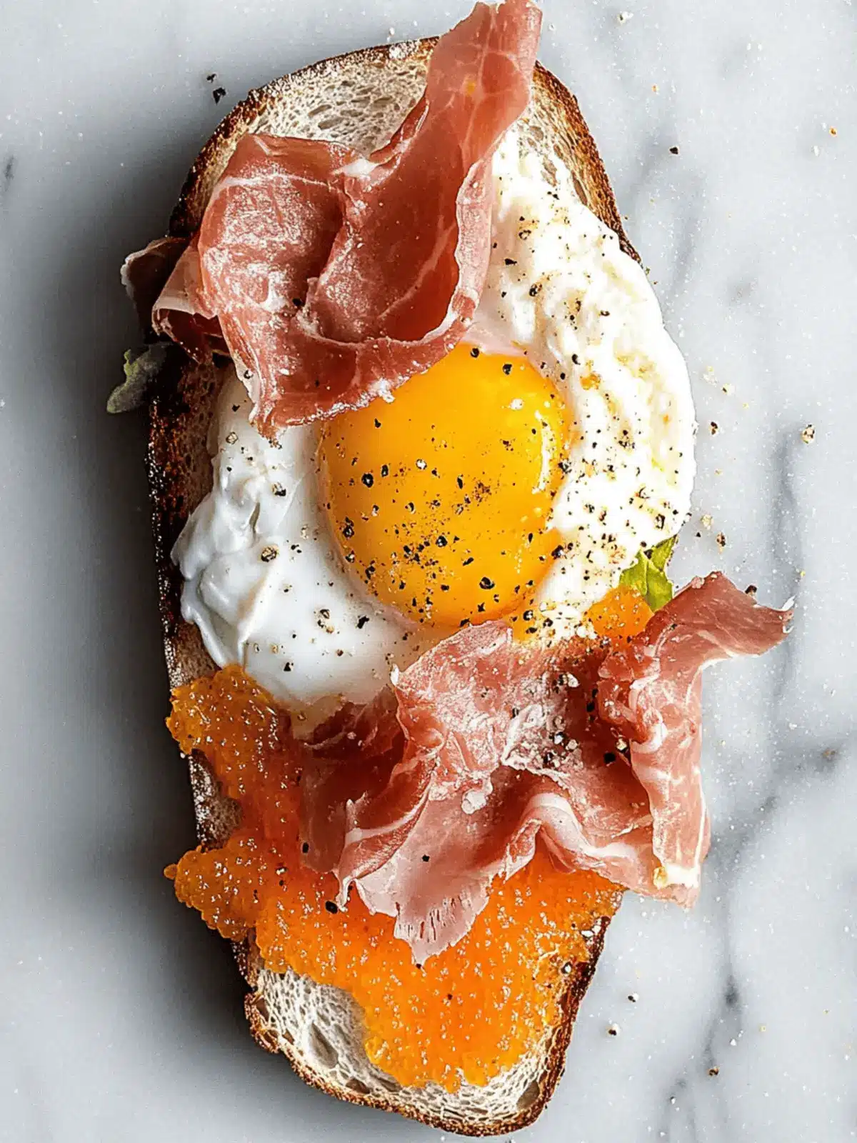 Fried Egg Yolk, Burrata and Prosciutto Toast