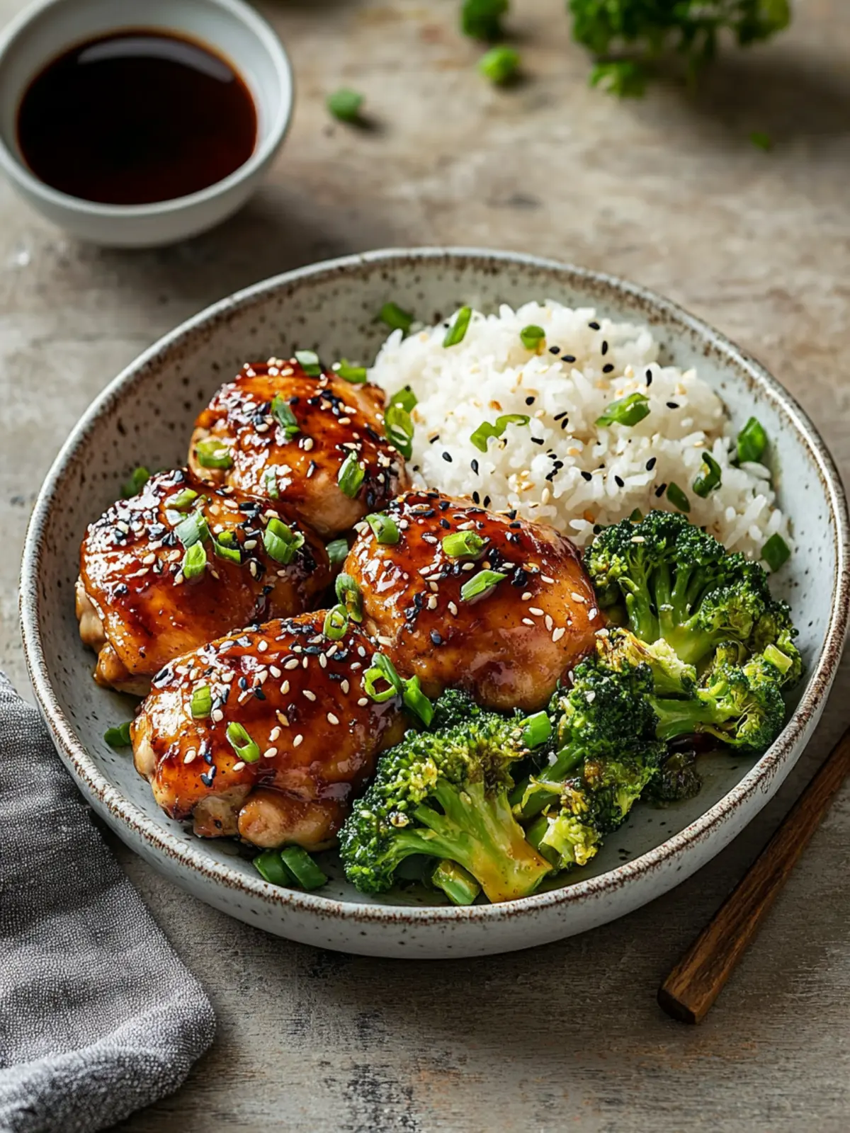 Sticky Teriyaki Chicken Thighs with Rice and Broccoli