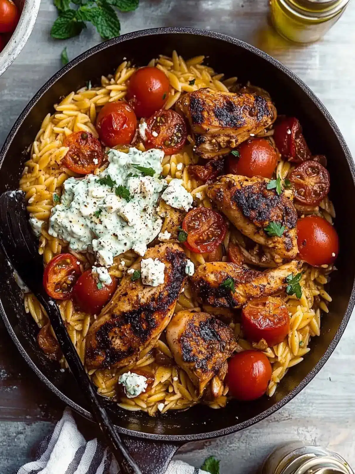 One Skillet Greek Chicken and Orzo with Tomatoes, Feta, and Tzatziki