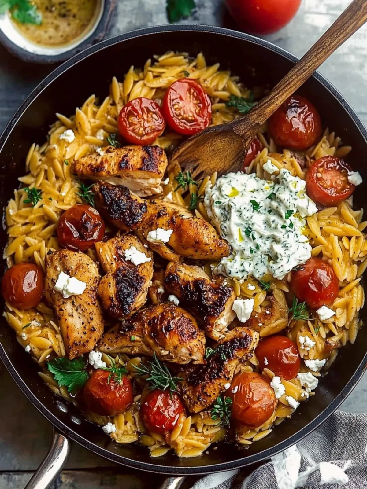 One Skillet Greek Chicken and Orzo with Tomatoes, Feta, and Tzatziki