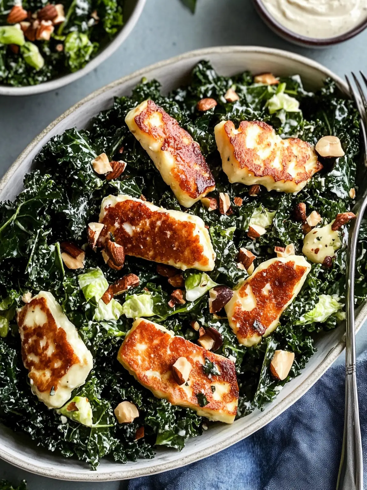 Crispy Halloumi Kale Salad with Garlic Tahini You'll Love 2 Crispy Halloumi Kale Salad with Garlic Tahini Dressing
