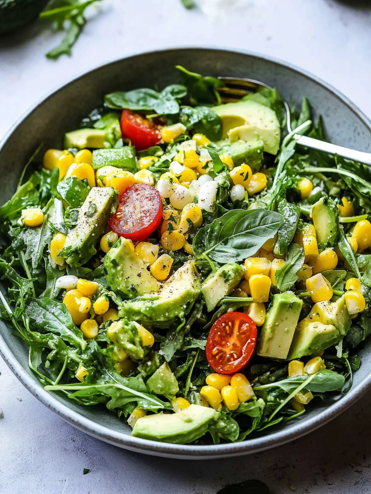 Corn Avocado Arugula Salad with Basil Vinaigrette