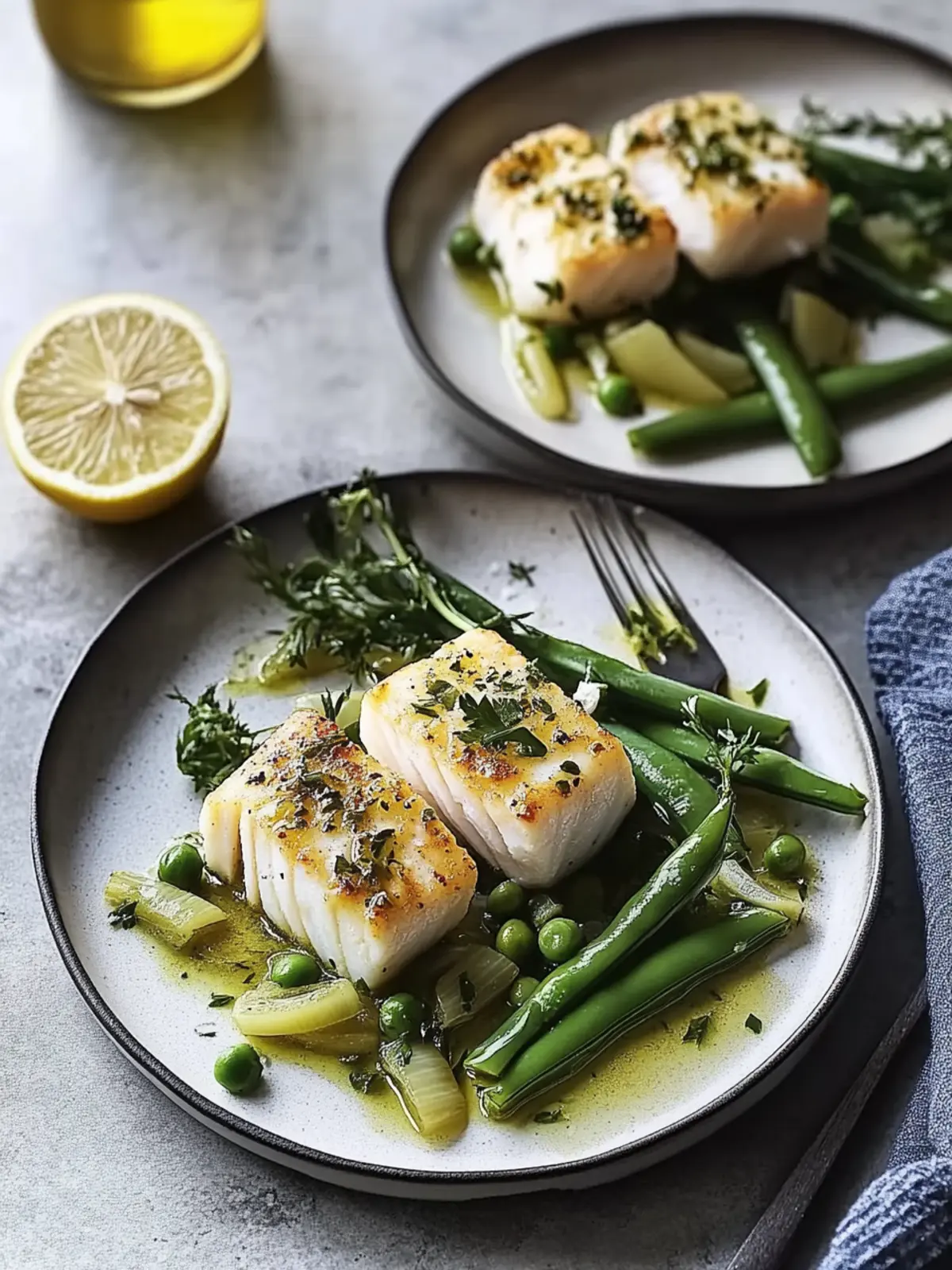 Cod with Lemony Leeks, Snap Peas, and Herbs