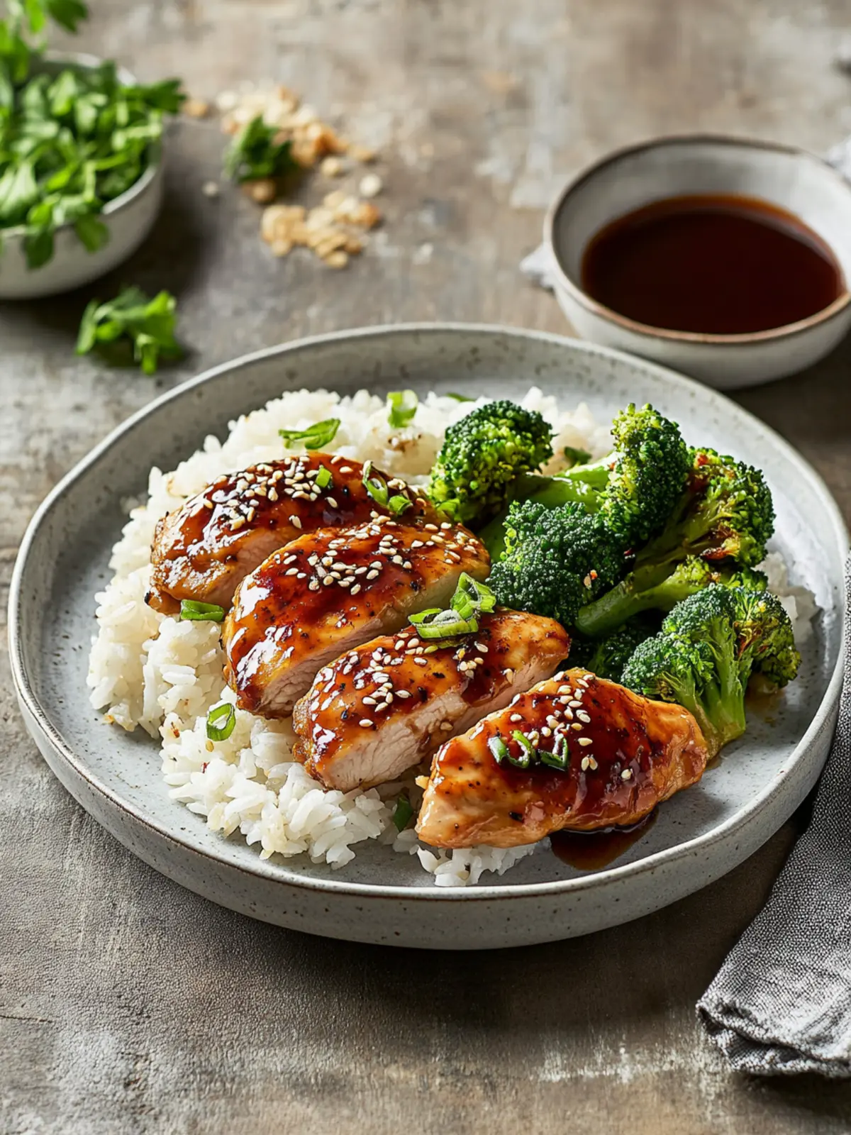 Sticky Teriyaki Chicken Thighs with Rice and Broccoli