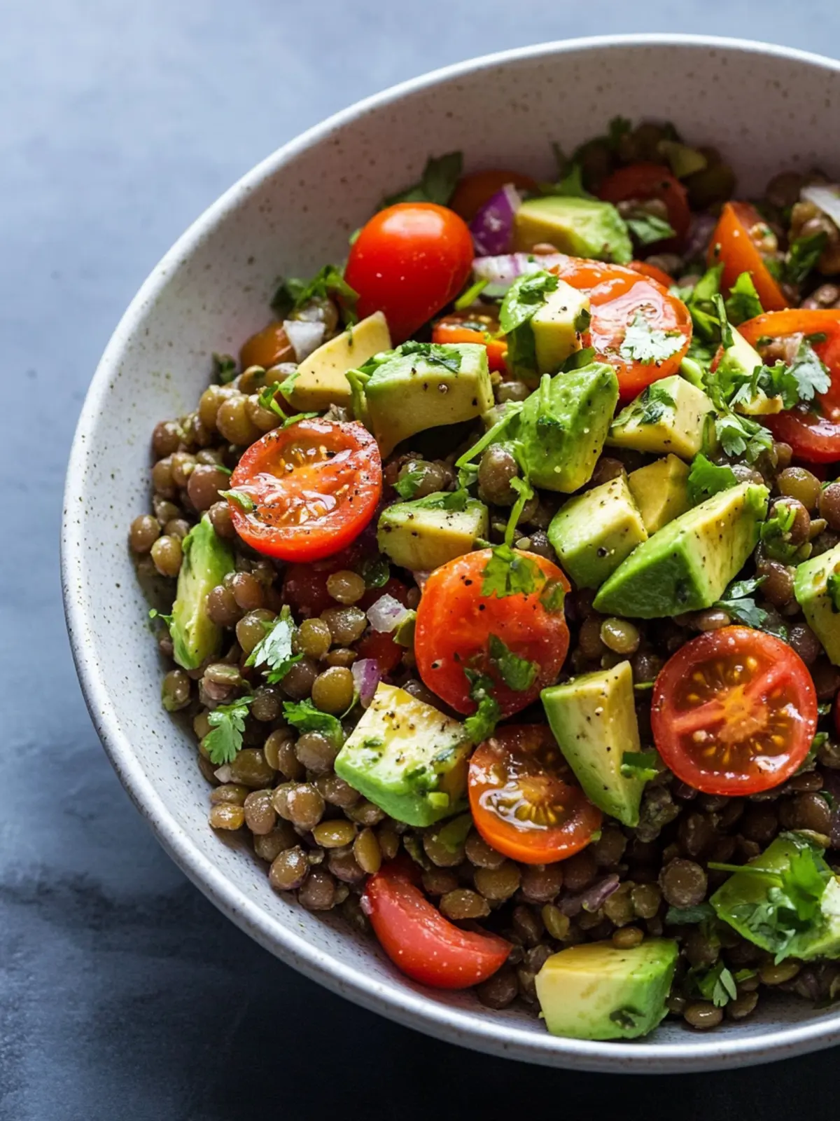 Lentil Salad with Avocado, Cherry Tomato, and Lime Cilantro Vinaigrette