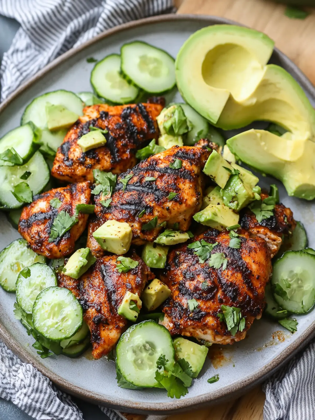 Blackened Grilled Chicken Thighs with Avocado Cucumber Salad
