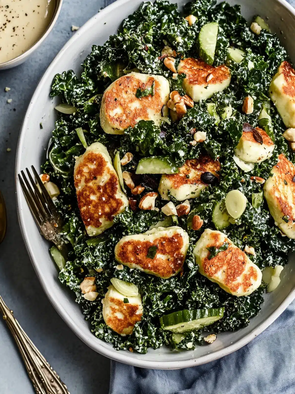 Crispy Halloumi Kale Salad with Garlic Tahini You'll Love 3 Crispy Halloumi Kale Salad with Garlic Tahini Dressing