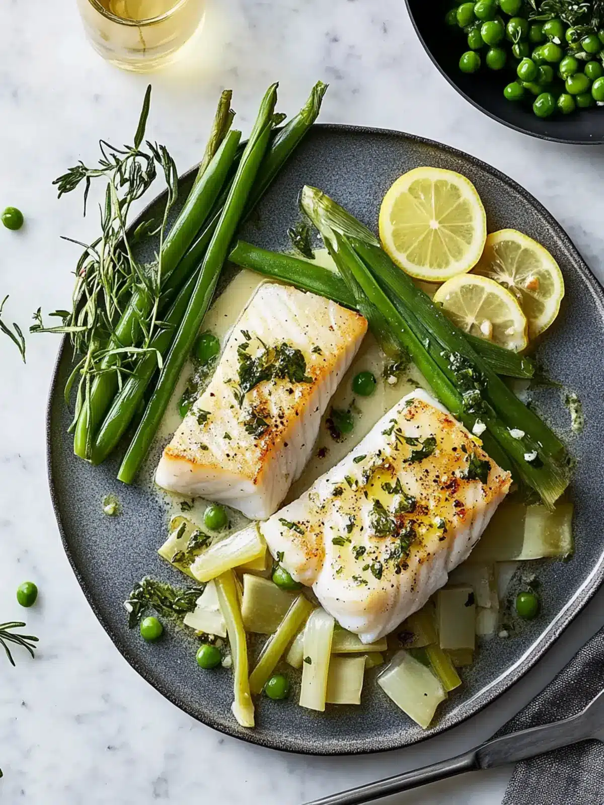 Cod with Lemony Leeks, Snap Peas, and Herbs