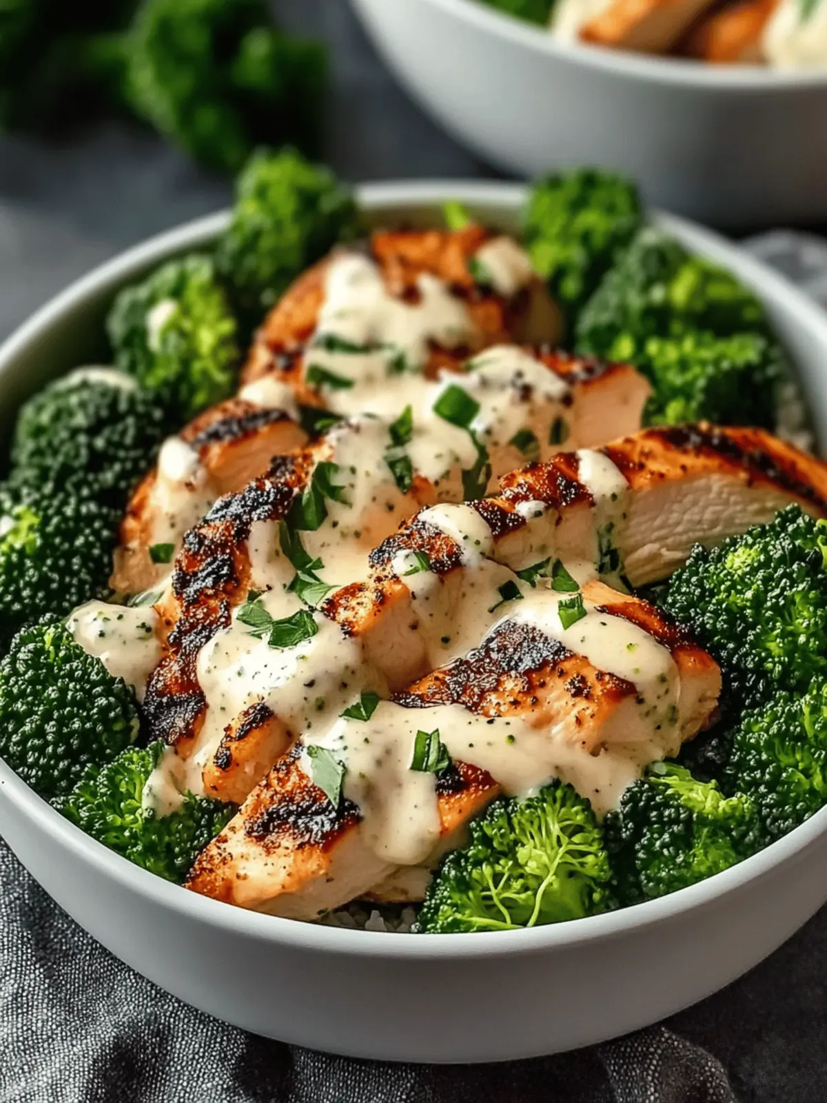Grilled Chicken & Broccoli Bowls with Creamy Garlic Sauce