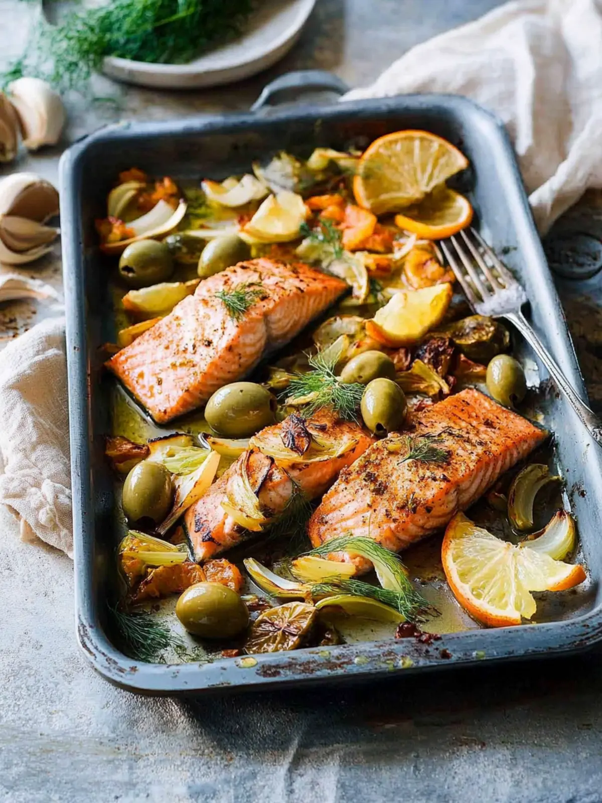 Spice Roasted Salmon with Fennel, Green Olives and Orange
