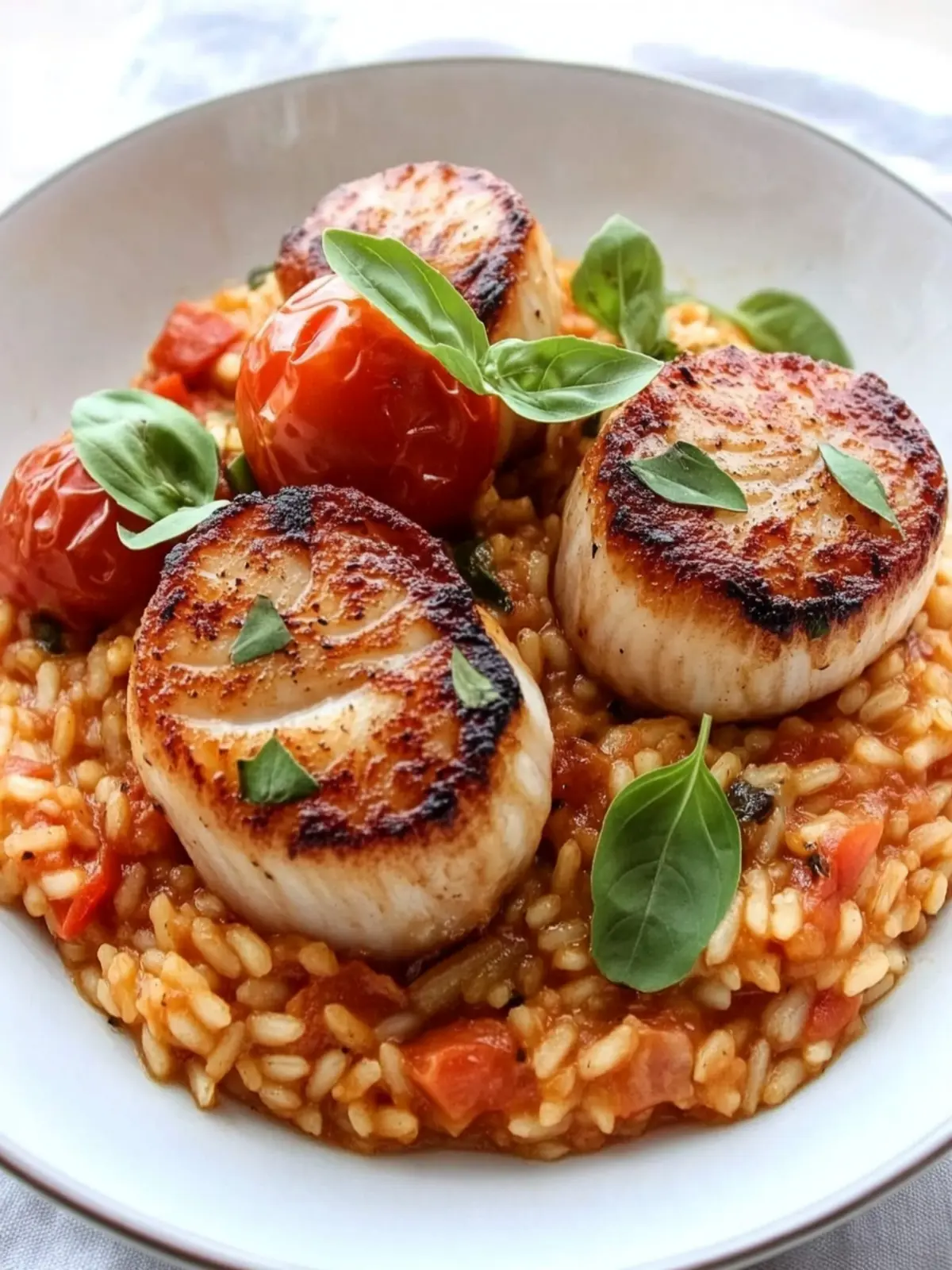 Prosciutto Wrapped Scallops with Roasted Tomato Risotto