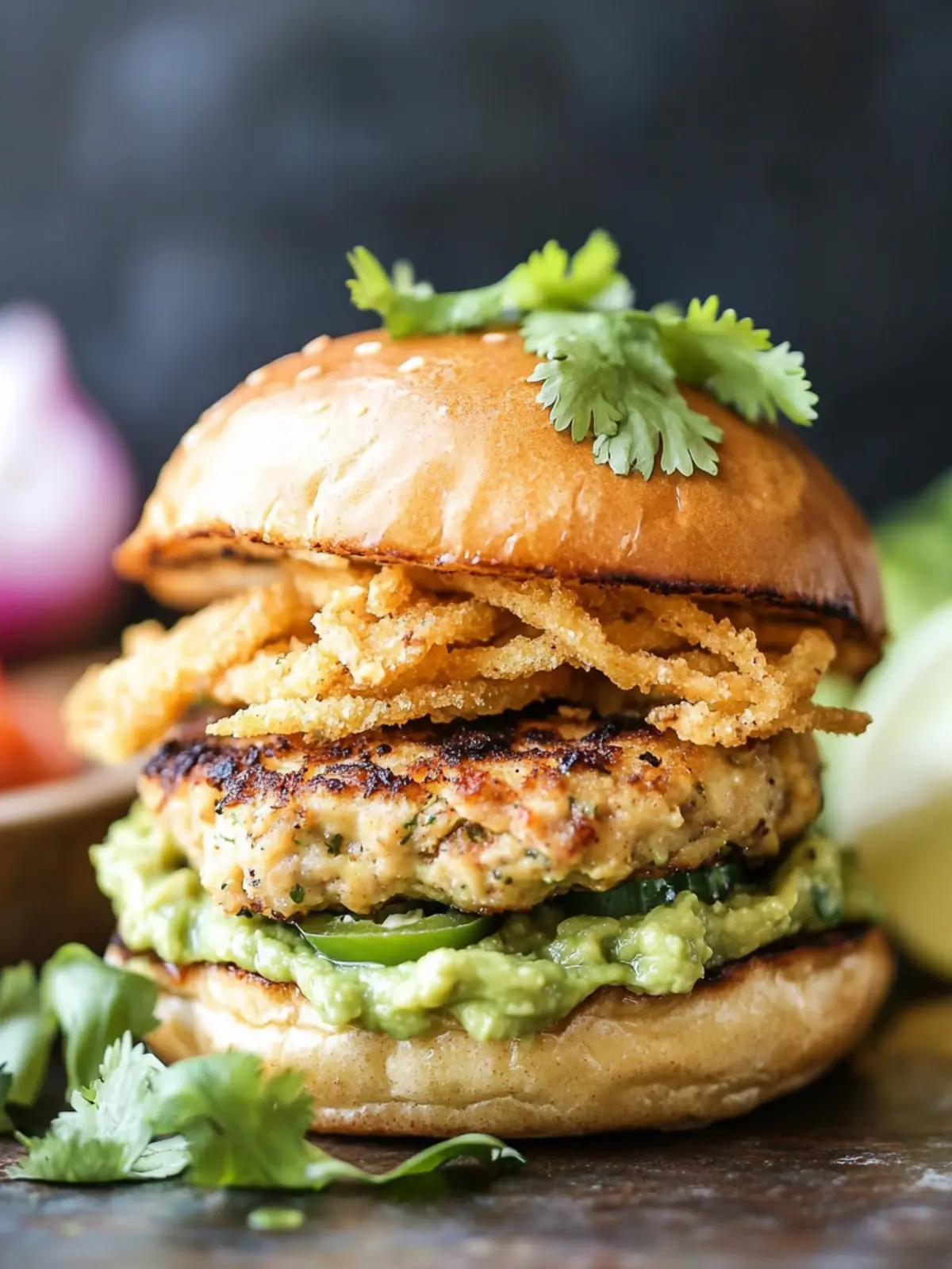 JalapeÃ±o Cheddar Guacamole Turkey Burgers with Crispy Onions