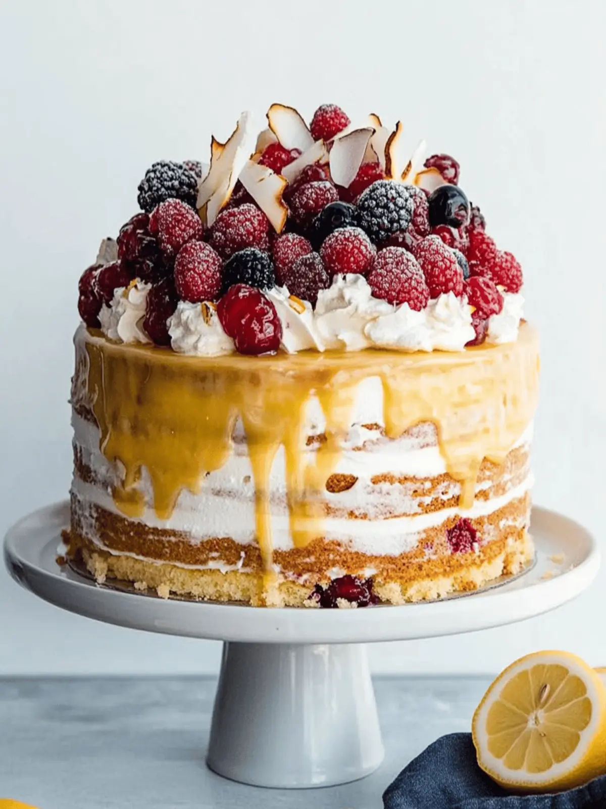 Lemon, Coconut & Berry Layer Cake with Lemon Curd and Torched Meringue