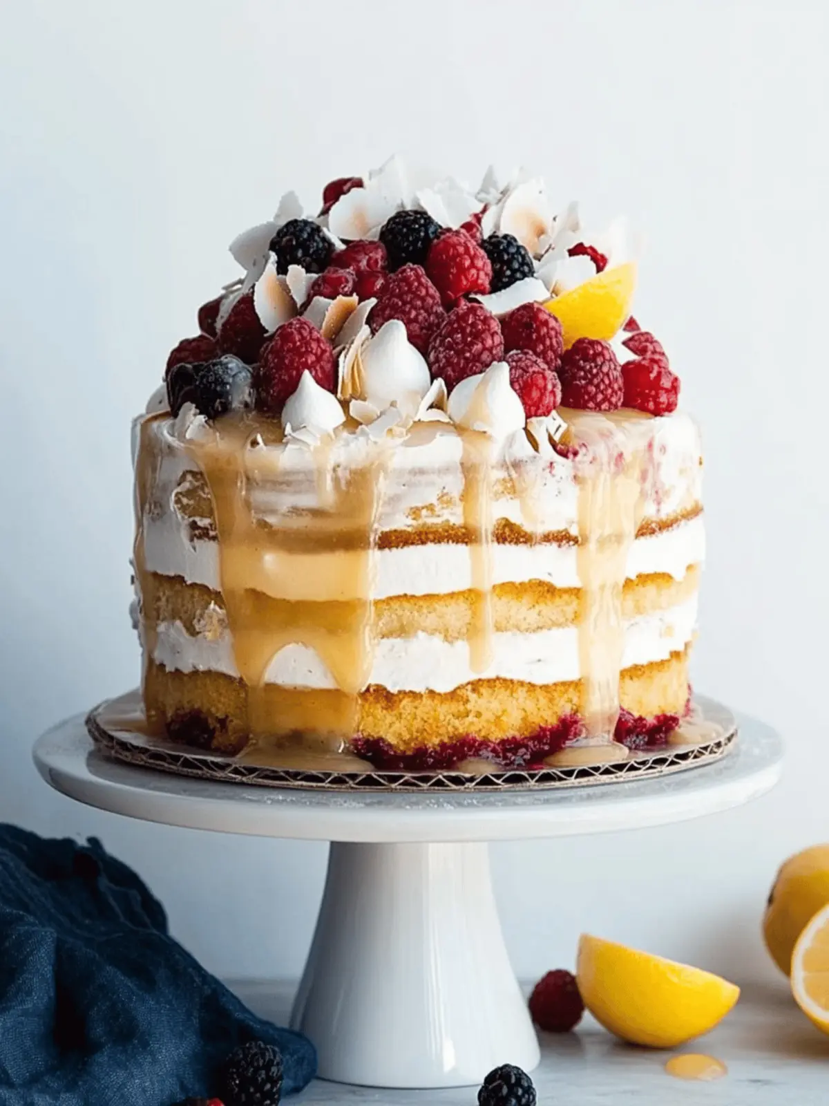 Lemon, Coconut & Berry Layer Cake with Lemon Curd and Torched Meringue